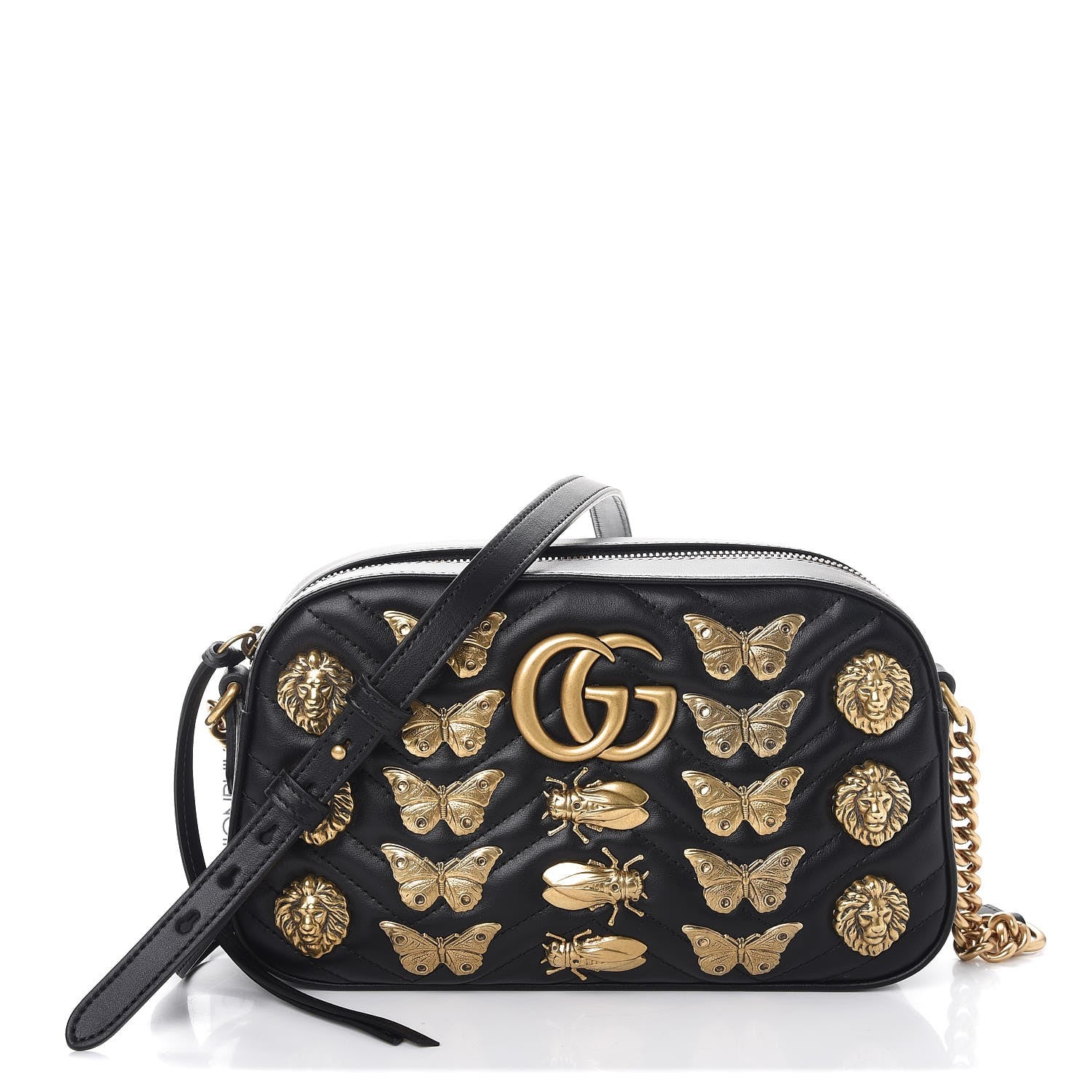 Gucci Calfskin Matelasse Animal Studs Small GG Marmont Chain Shoulder Bag Black 1 of 8
