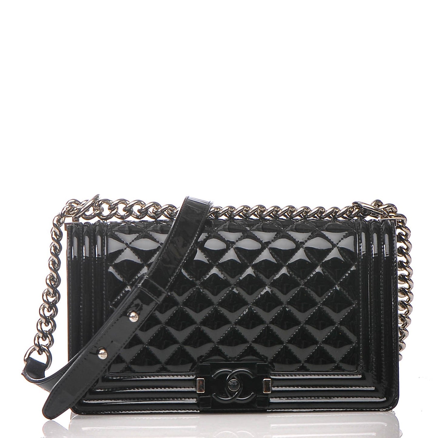 Patent Calfskin Quilted Medium Plexiglass Boy Flap Black
