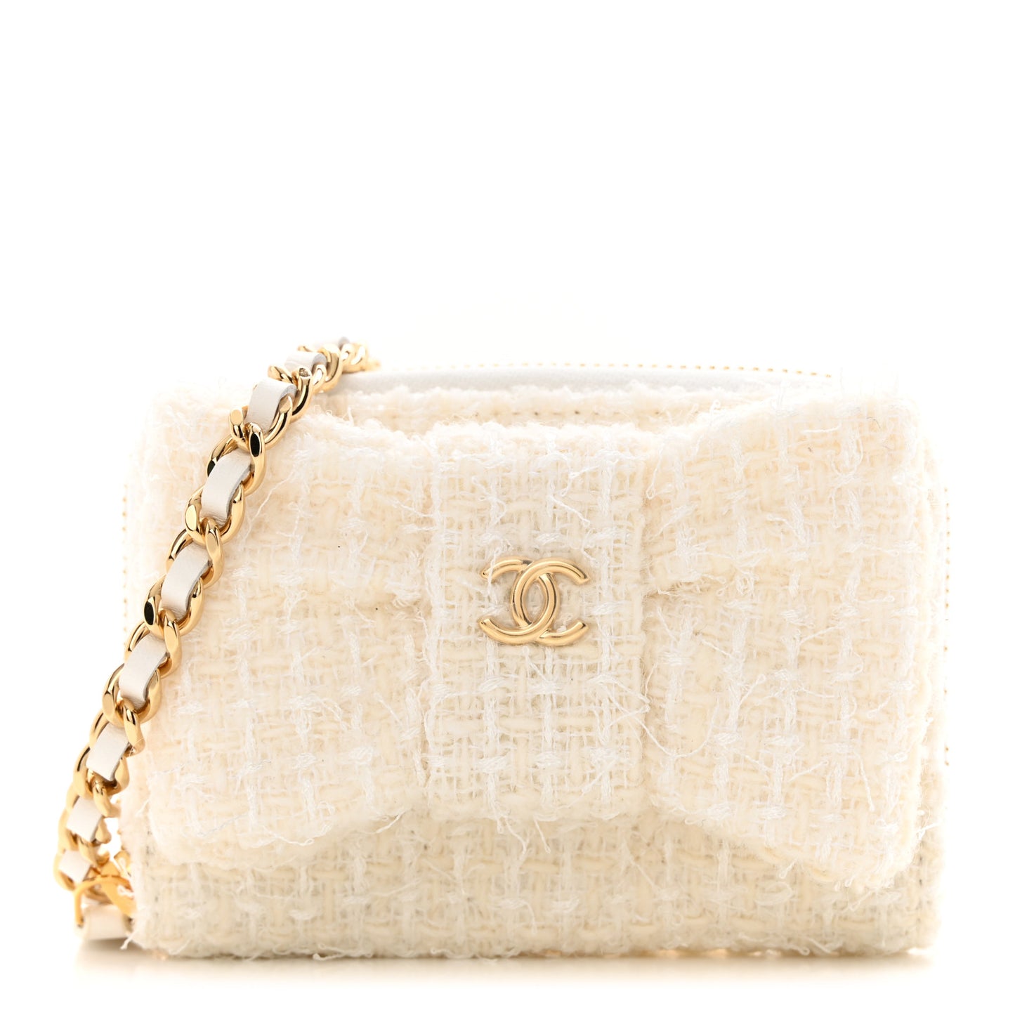 Tweed Quilted Bow Flap Card Holder On Chain White