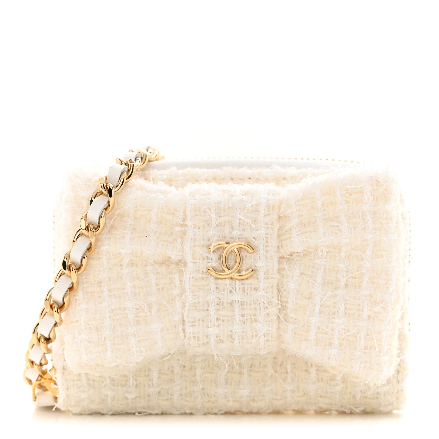 Chanel Tweed Quilted Bow Flap Card Holder On Chain White 1 of 12