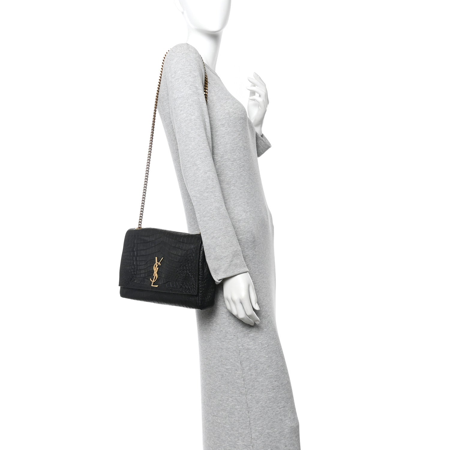 Saint Laurent Calfskin Crocodile Embossed Suede Medium Reversible Monogram Kate Satchel Military Taupe 2 of 12