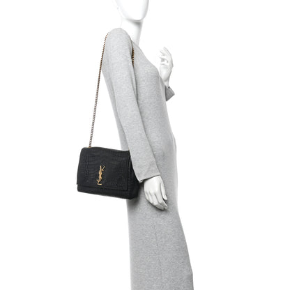 Saint Laurent Calfskin Crocodile Embossed Suede Medium Reversible Monogram Kate Satchel Military Taupe 2 of 12
