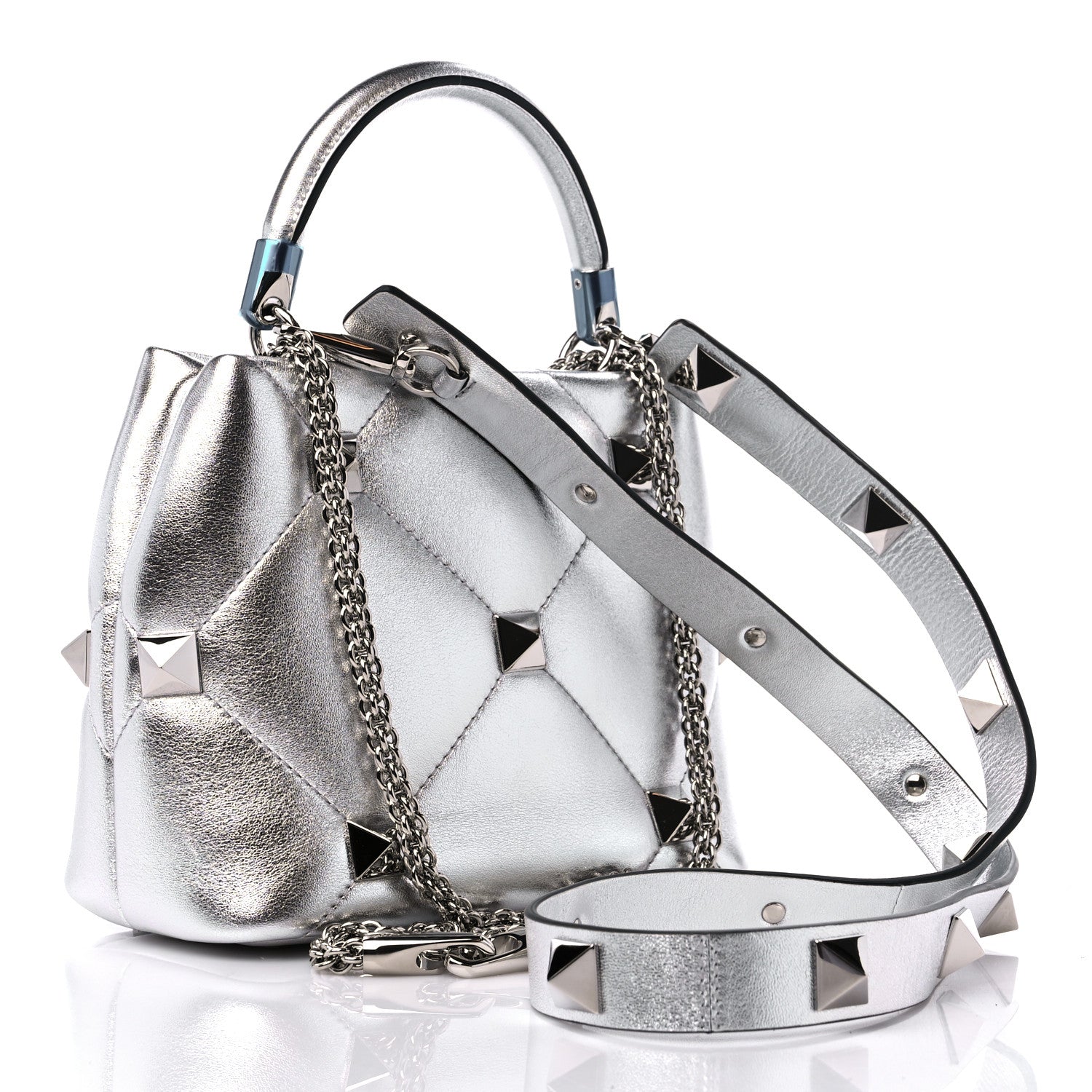 Valentino Garavani Metallic Nappa Small Roman Stud The Handle Bag Silver 3 of 9