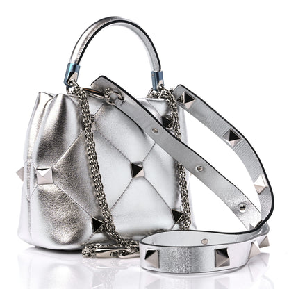 Valentino Garavani Metallic Nappa Small Roman Stud The Handle Bag Silver 3 of 9