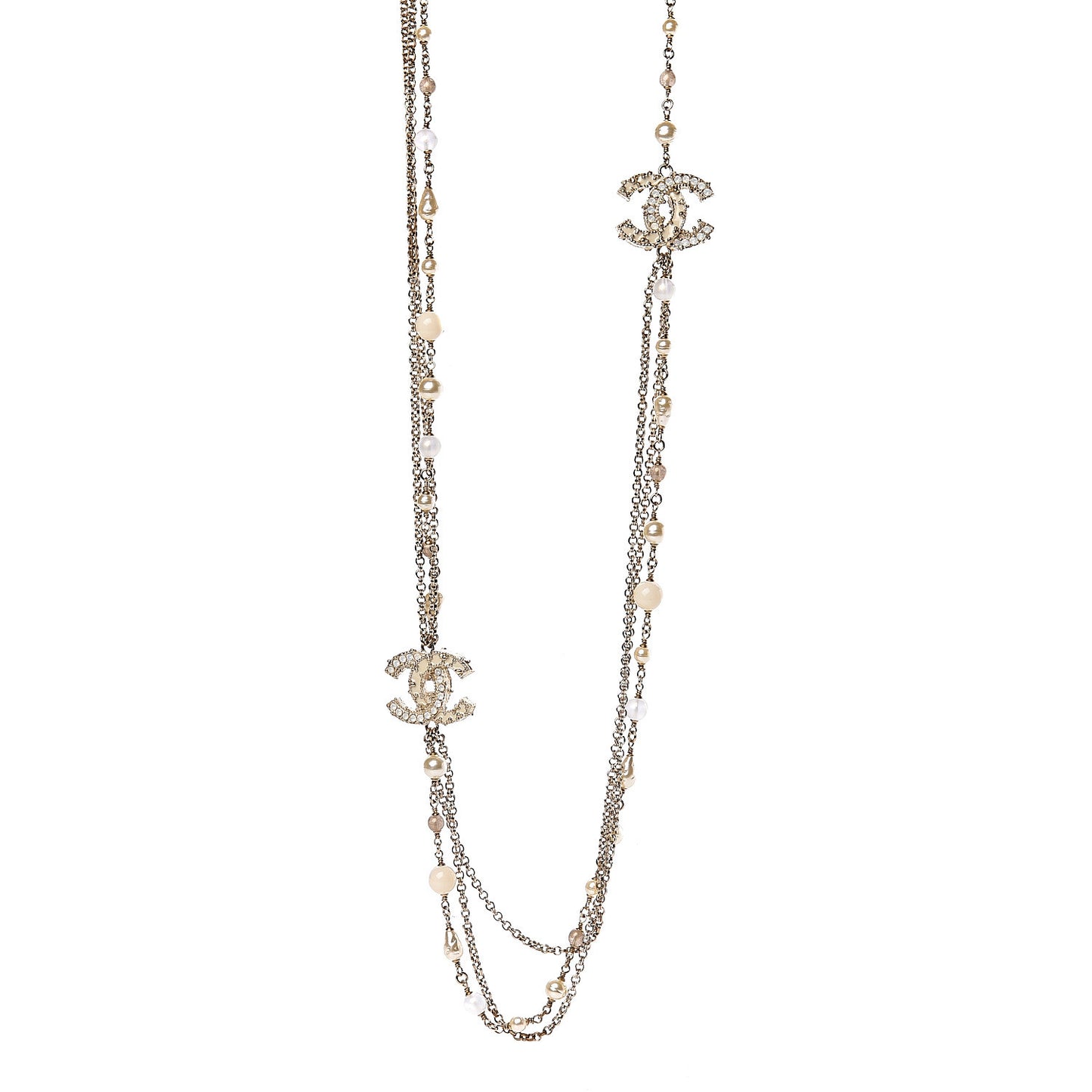 Graduated Pearl Crystal CC Long Necklace Silver Pearly White