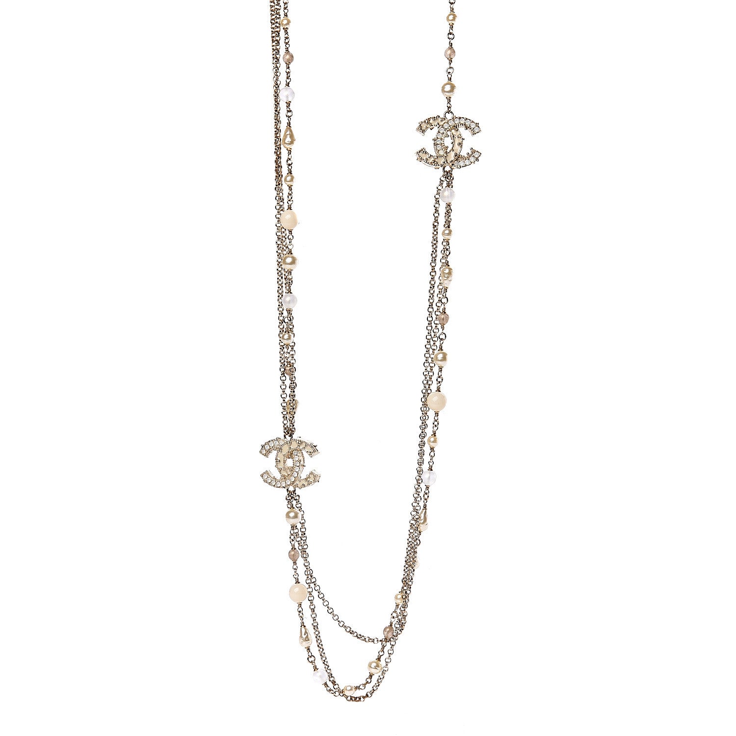 Chanel Graduated Pearl Crystal CC Long Necklace Silver Pearly White 1 of 6