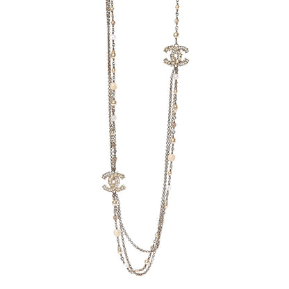 Chanel Graduated Pearl Crystal CC Long Necklace Silver Pearly White 1 of 6