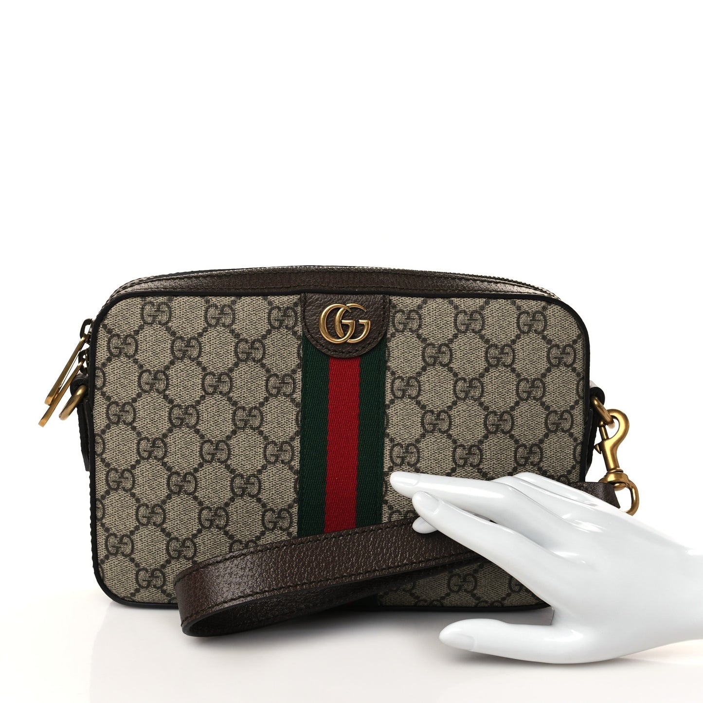 GG Supreme Monogram Textured Dollar Calfskin Web Ophidia Wristlet Shoulder Bag Beige Ebony New Acero