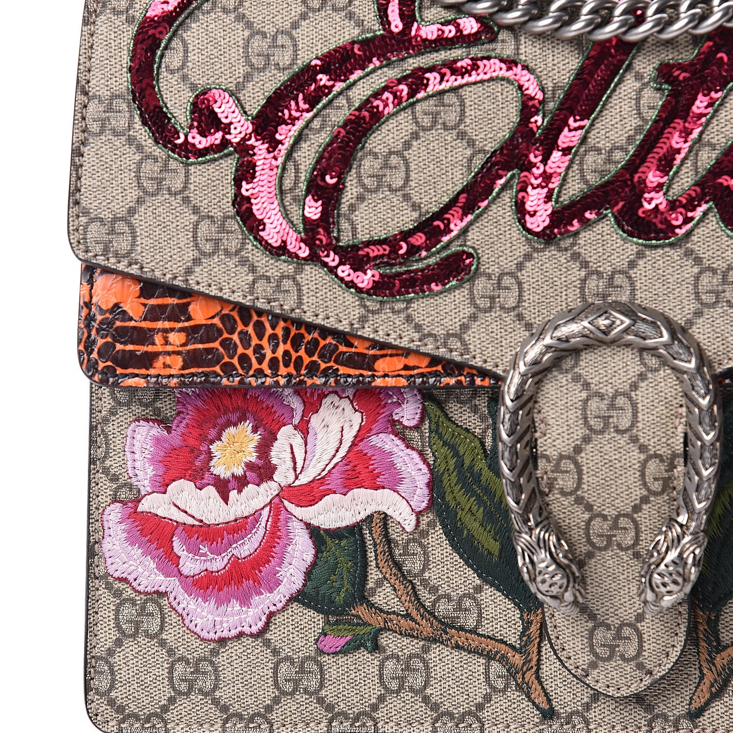 GG Supreme Monogram Snakeskin Elton Embroidered Medium Dionysus Shoulder Bag Beige Orange