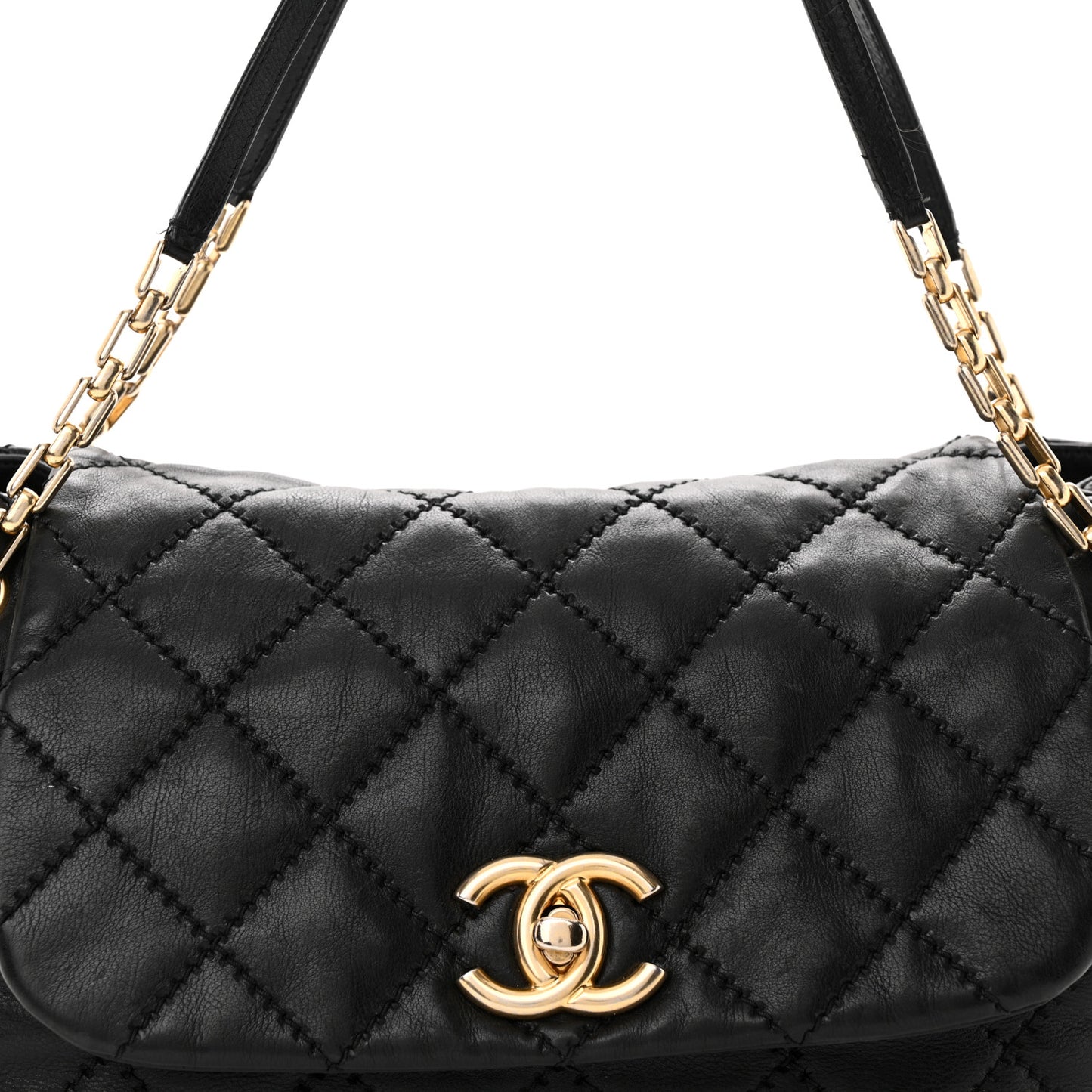 Calfskin Quilted Retro Chain Flap Black
