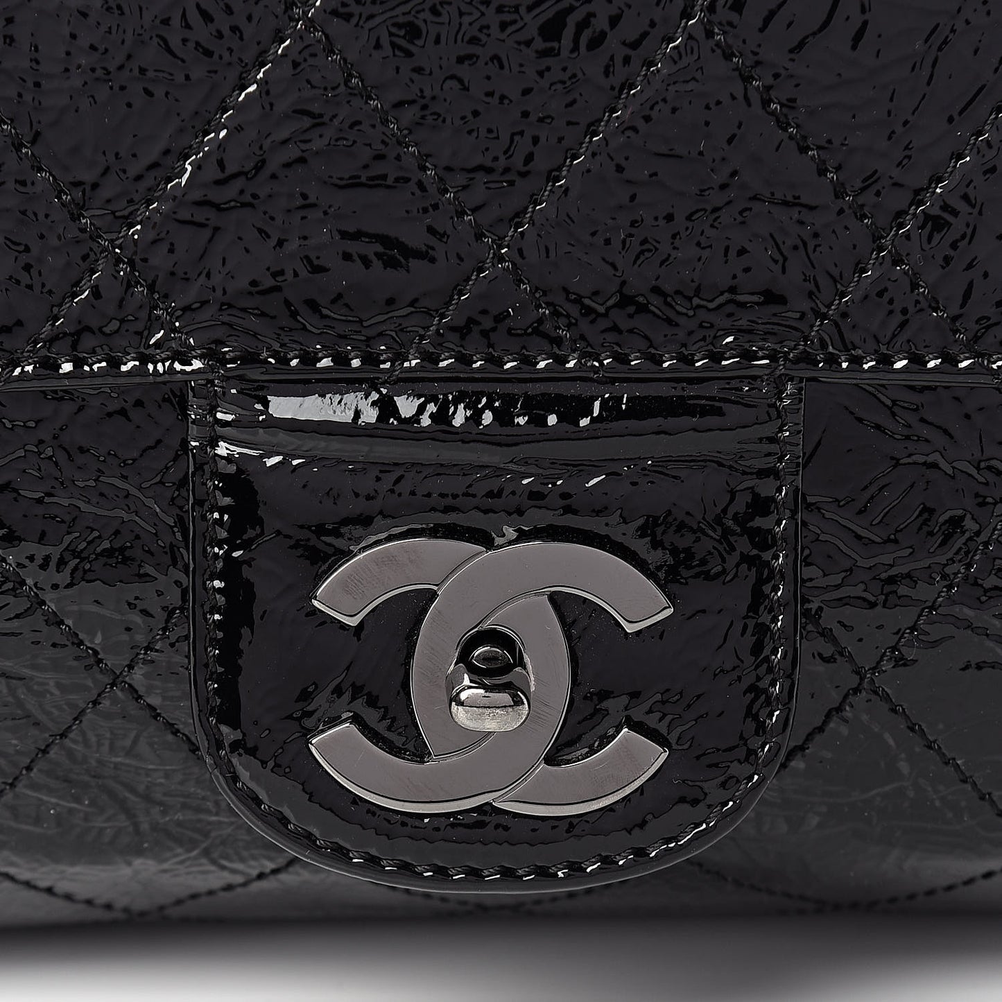 Distressed Patent Quilted Ritz Flap Bag Black