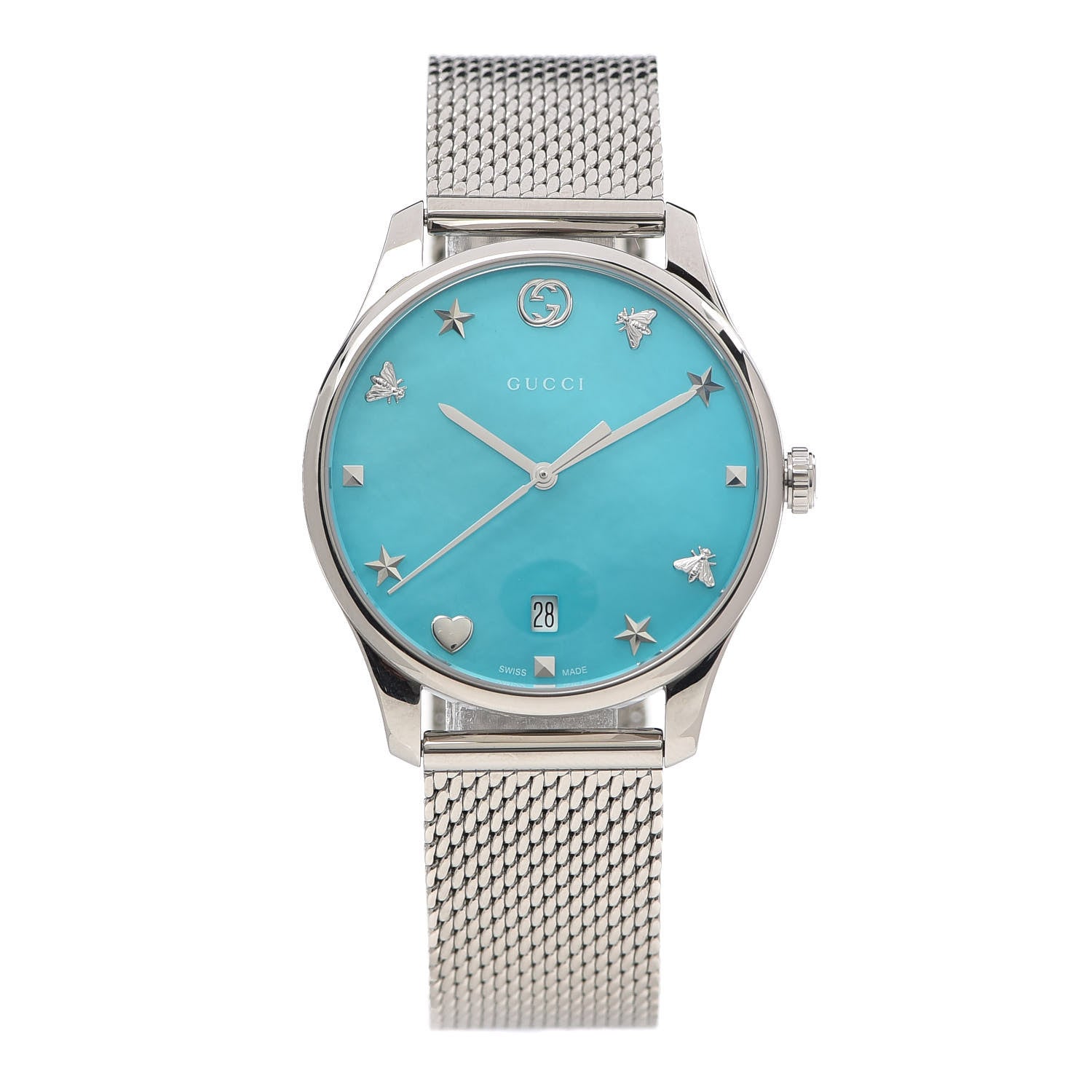 Gucci Stainless Steel Turquoise Mother of Pearl 38mm G-Timeless Charm Quartz Watch 1 of 6