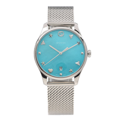 Gucci Stainless Steel Turquoise Mother of Pearl 38mm G-Timeless Charm Quartz Watch 1 of 6