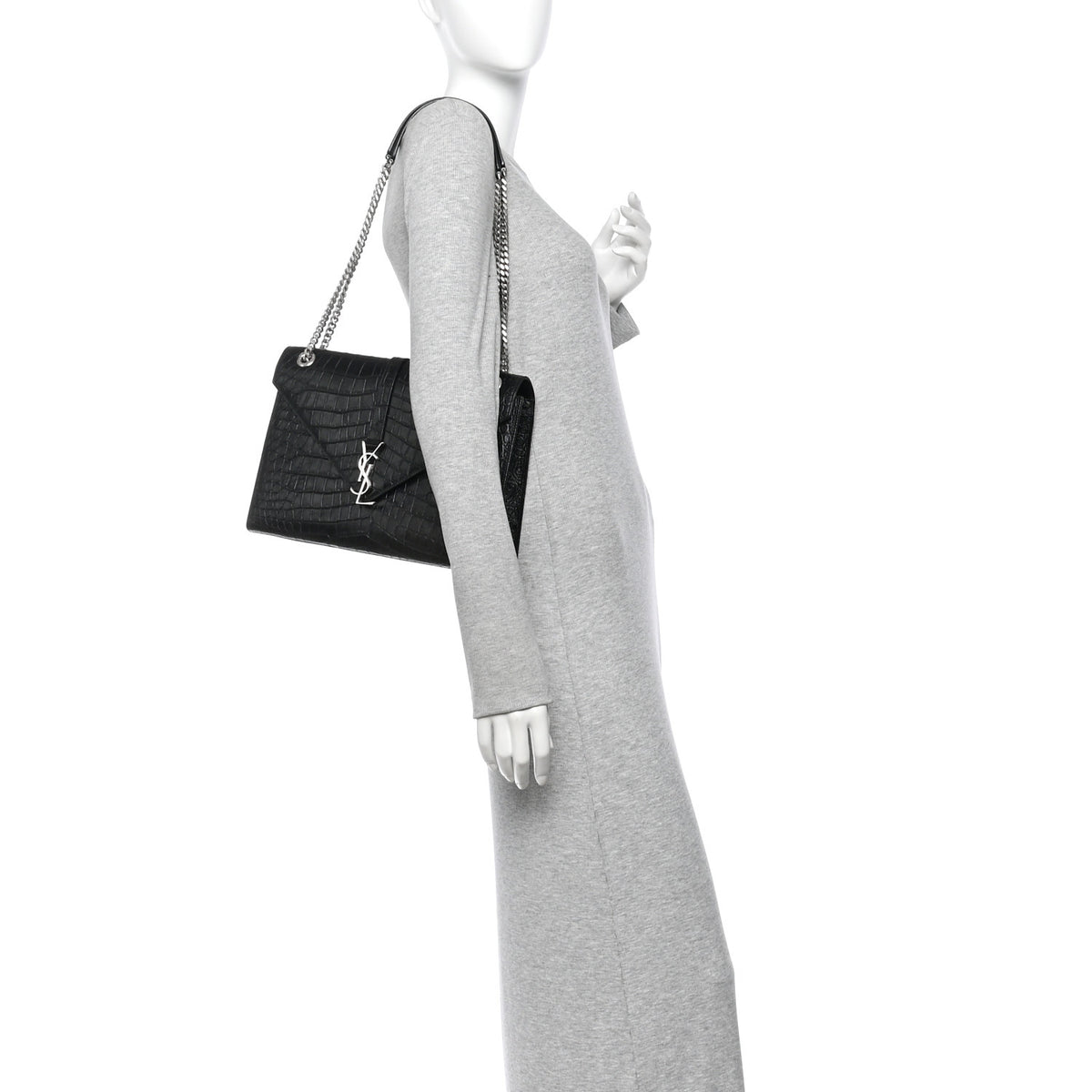 Saint Laurent Calfskin Crocodile Embossed Large Monogram Envelope Chain Shoulder Bag Black 2 of 12