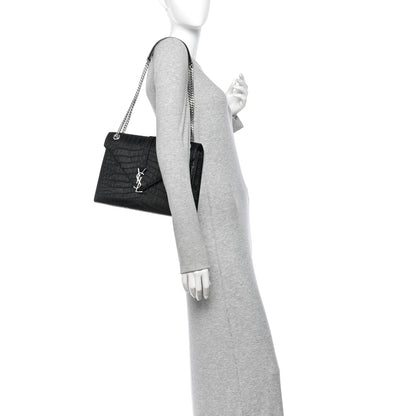 Saint Laurent Calfskin Crocodile Embossed Large Monogram Envelope Chain Shoulder Bag Black 2 of 12