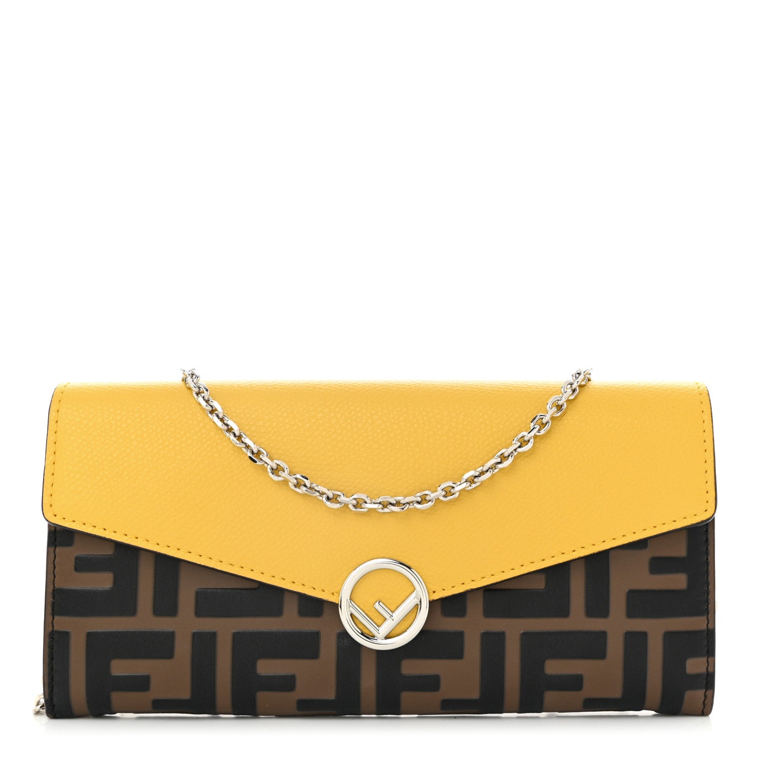 Fendi Vitello Cruise F is Fendi Bi-Color FF 1974 Embossed Continental Envelope Wallet On Chain Maya Yellow 1 of 12