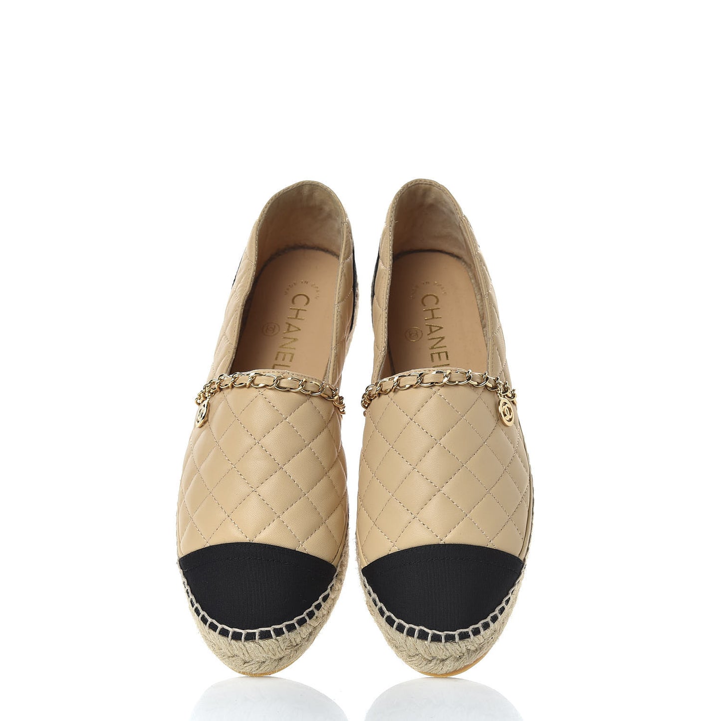 Lambskin Grosgrain Chain Quilted CC Espadrilles 40 Beige Black