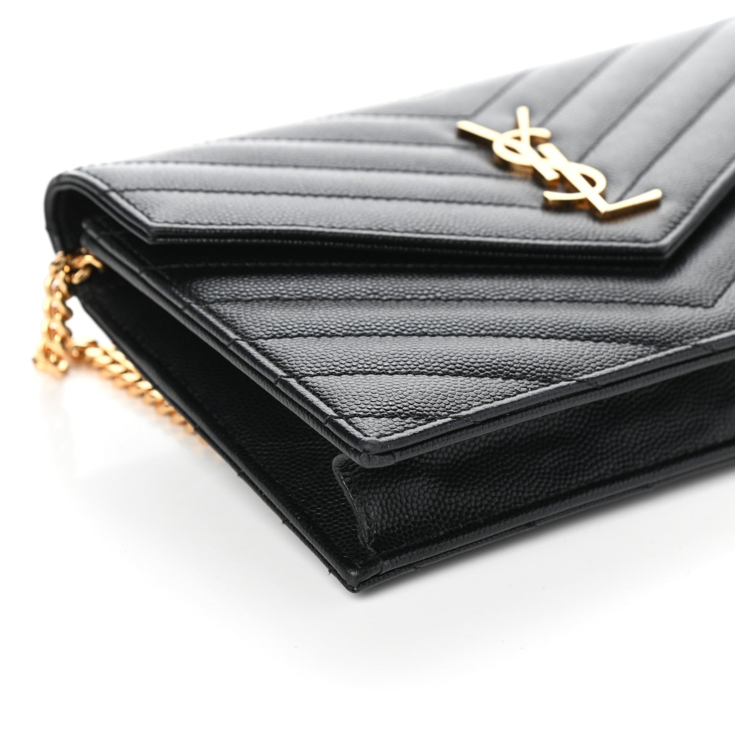 Saint Laurent Grain De Poudre Matelasse Chevron Monogram Envelope Chain Wallet Black 7 of 8