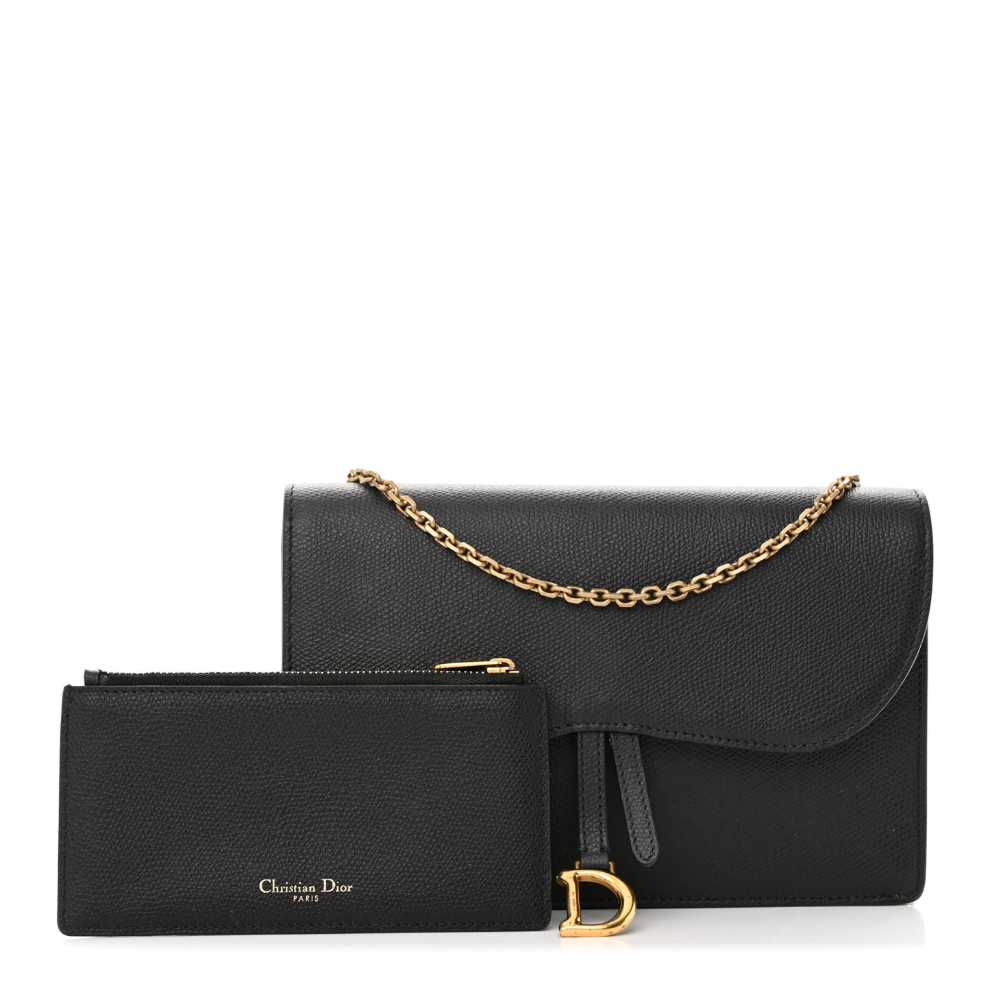 Grained Calfskin Saddle Chain Wallet Pouch Black