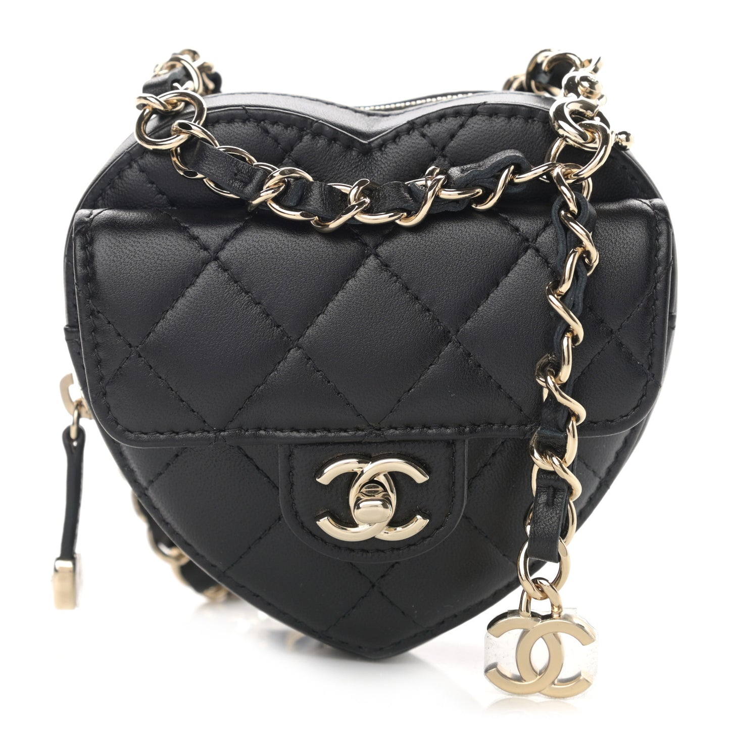 Lambskin Quilted CC In Love Heart Waist Belt Bag With Chain Black