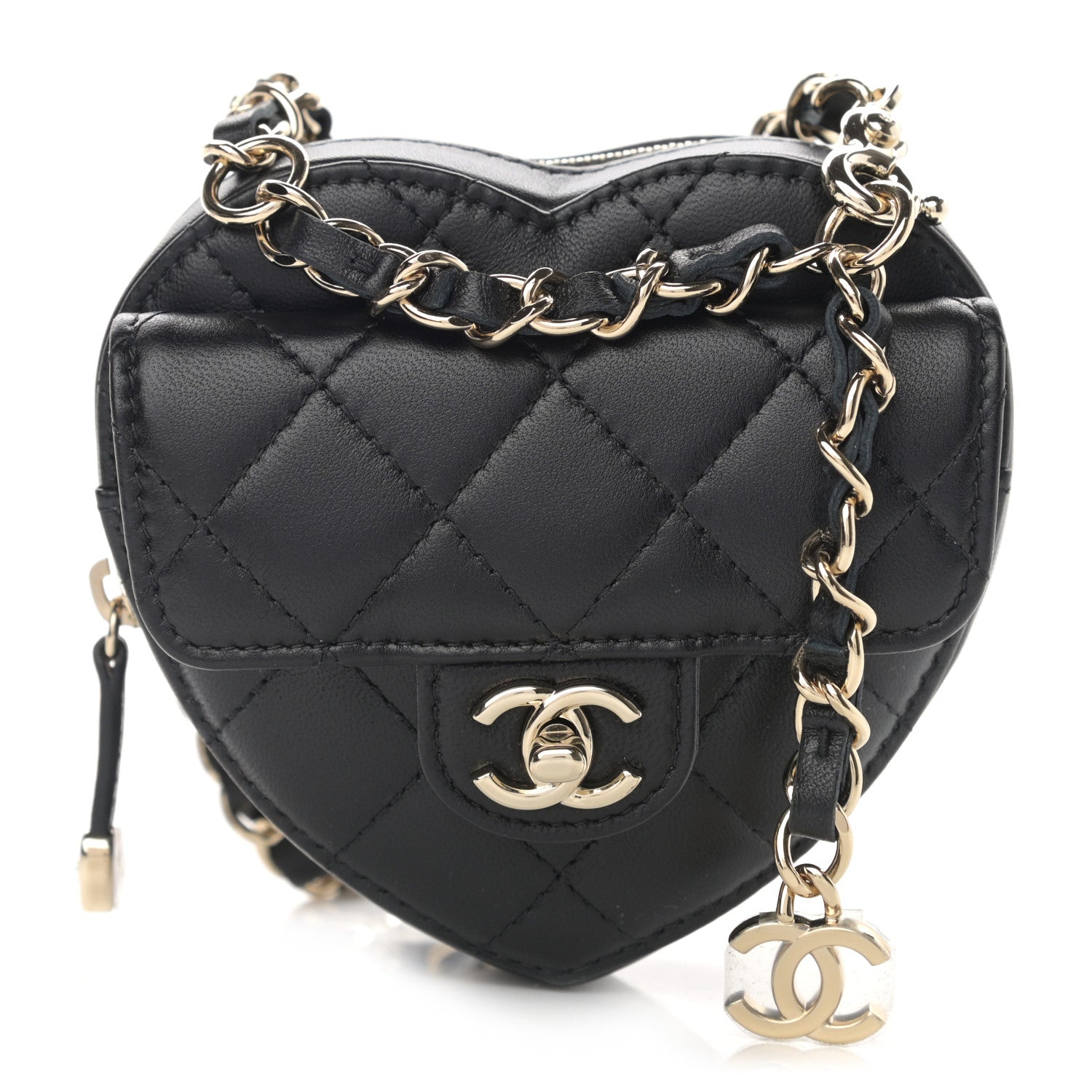 Chanel Lambskin Quilted CC In Love Heart Waist Belt Bag With Chain Black 1 of 12