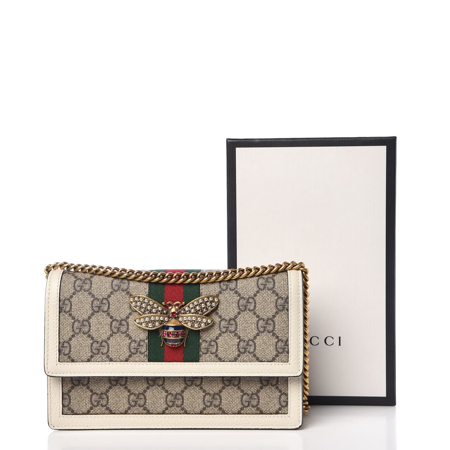 GG Supreme Monogram Web Queen Margaret Chain Wallet White