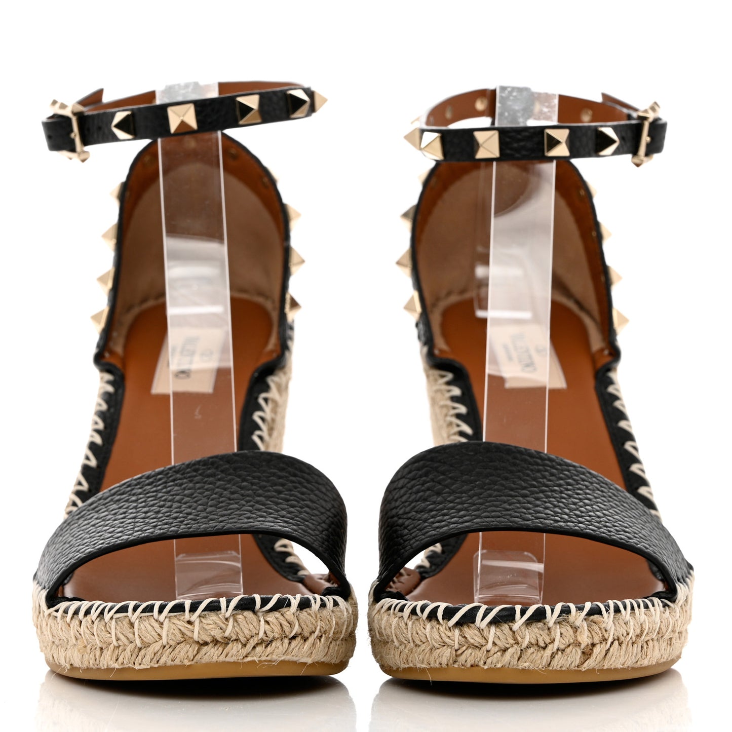 Grained Calfskin Rockstud Ankle Strap Espadrille 15/105mm Wedge Sandals 39 Black Light Cuir Natural