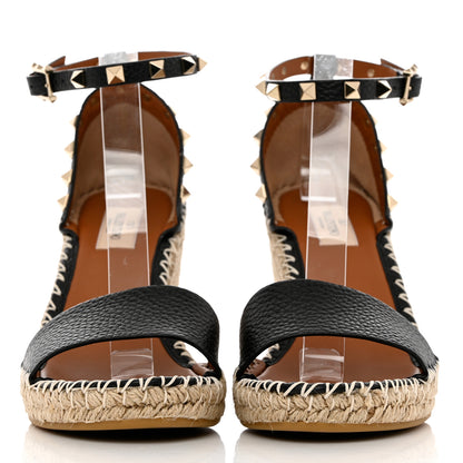 Valentino Garavani Grained Calfskin Rockstud Ankle Strap Espadrille 15/105mm Wedge Sandals 39 Black Light Cuir Natural 2 of 11