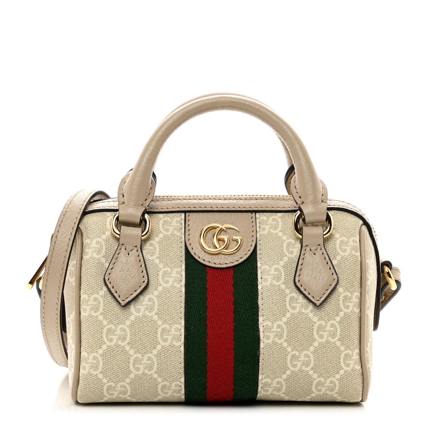 Gucci GG Supreme Monogram Textured Dollar Calfskin Web Super Mini Ophidia Top Handle Bowler Bag Beige Mystic White Oatmeal 1 of 11
