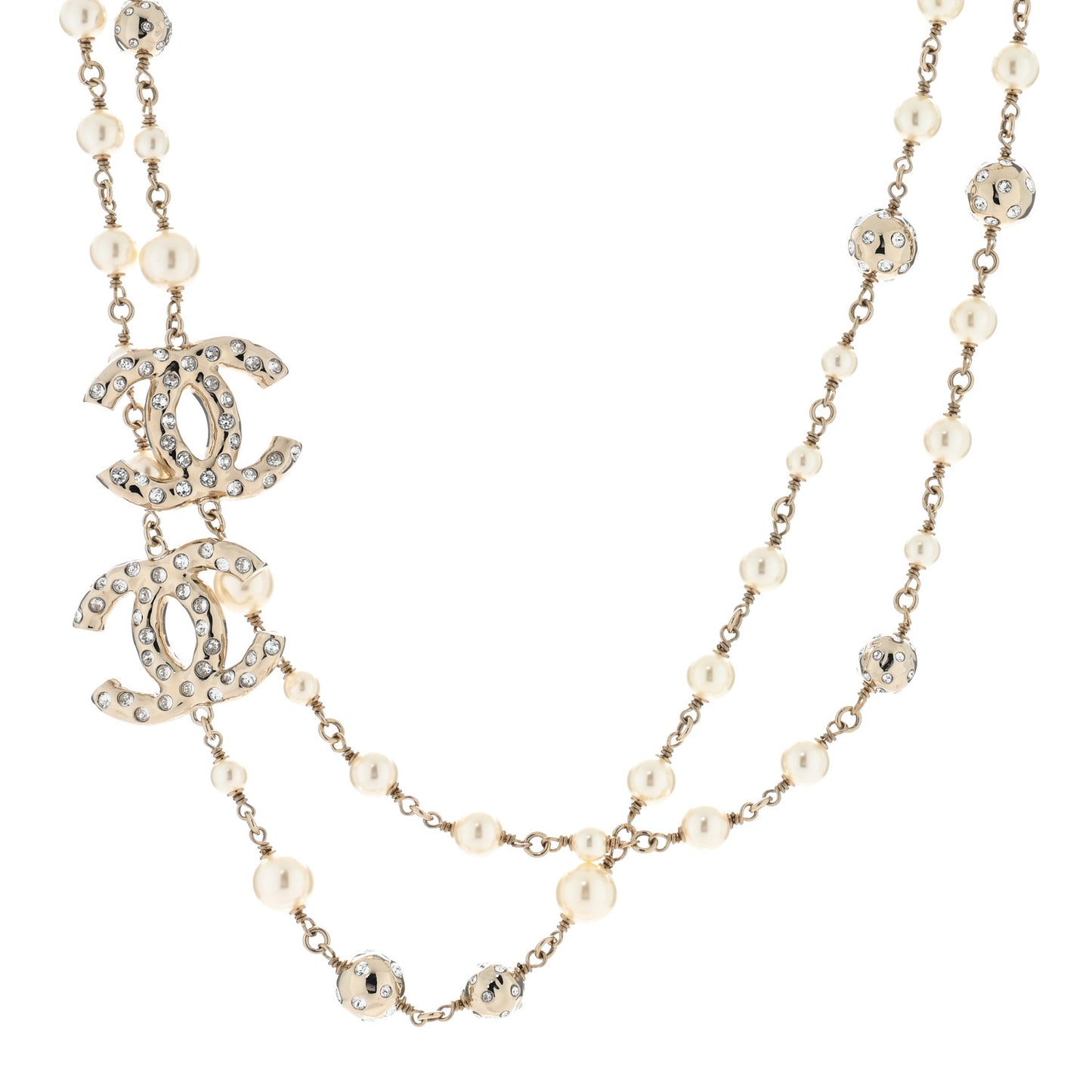 Pearl Crystal CC Long Necklace Gold Pearly White