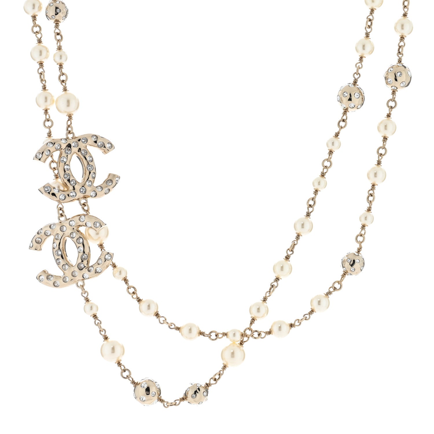 Chanel Pearl Crystal CC Long Necklace Gold Pearly White 1 of 5