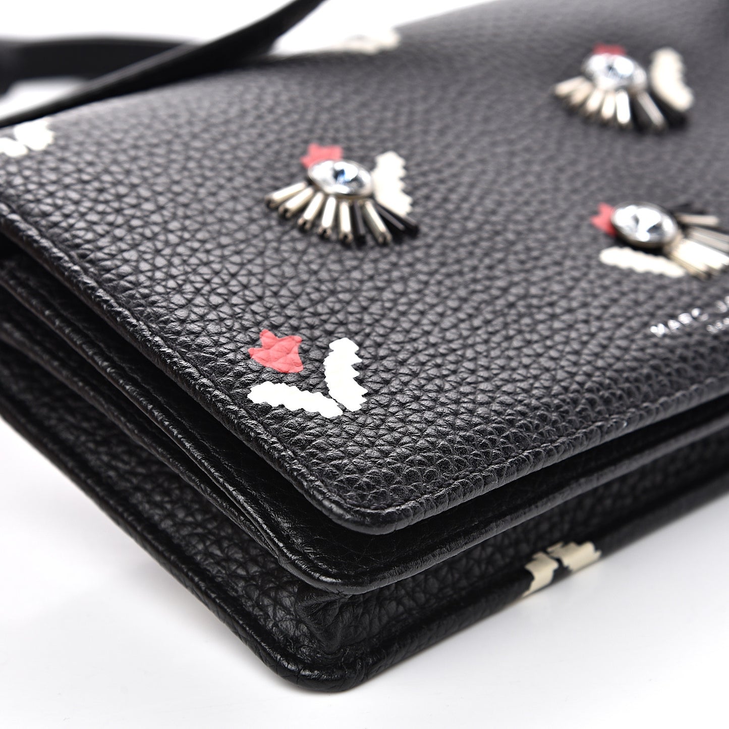 Grained Calfskin Embellished Tulip Print Wallet Crossbody Black Multicolor