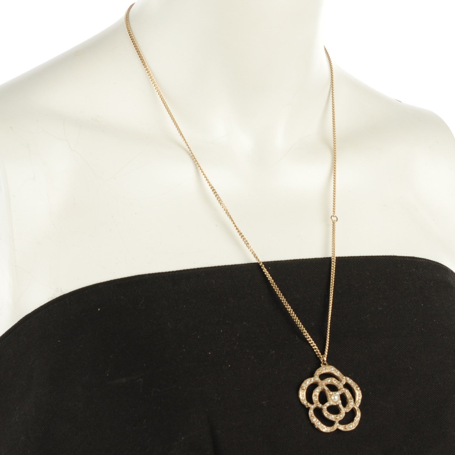 Chanel Crystal Pearl Camellia Necklace Gold 2 of 6