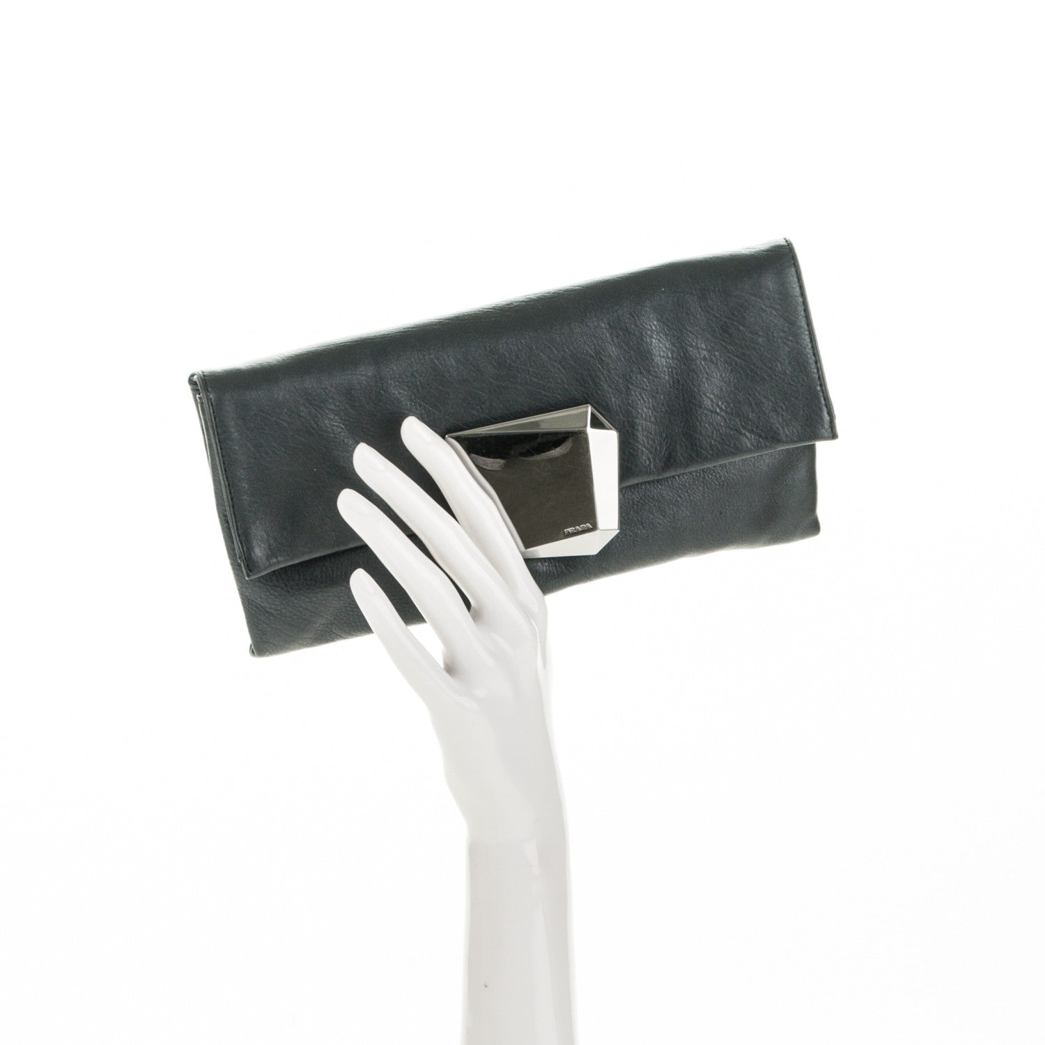 Prada Metallic Soft Calf Fold Over Clutch Nero Black 2 of 6