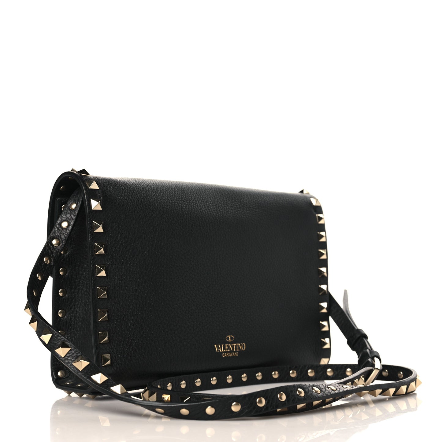 Pebbled Calfskin Medium Rockstud Flip Lock Crossbody Bag Black