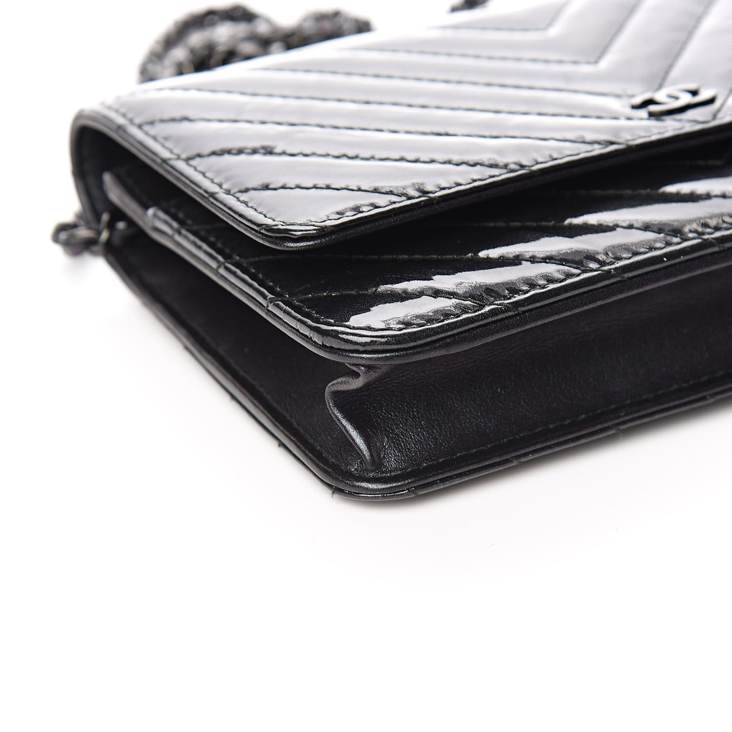 Patent Metallic Crumpled Calfskin Chevron Quilted Wallet On Chain WOC Black