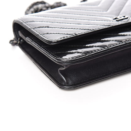 Chanel Patent Metallic Crumpled Calfskin Chevron Quilted Wallet On Chain WOC Black 9 of 13