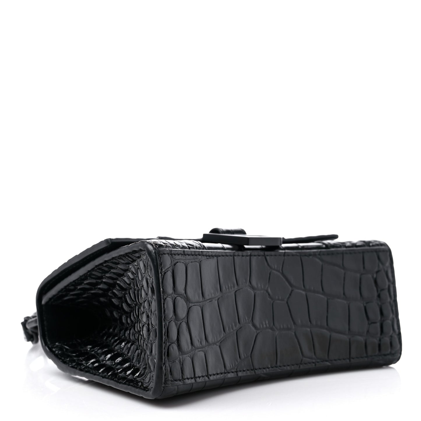 Shiny Calfskin Monochrome Crocodile Embossed Hourglass Top Handle Bag XS Black