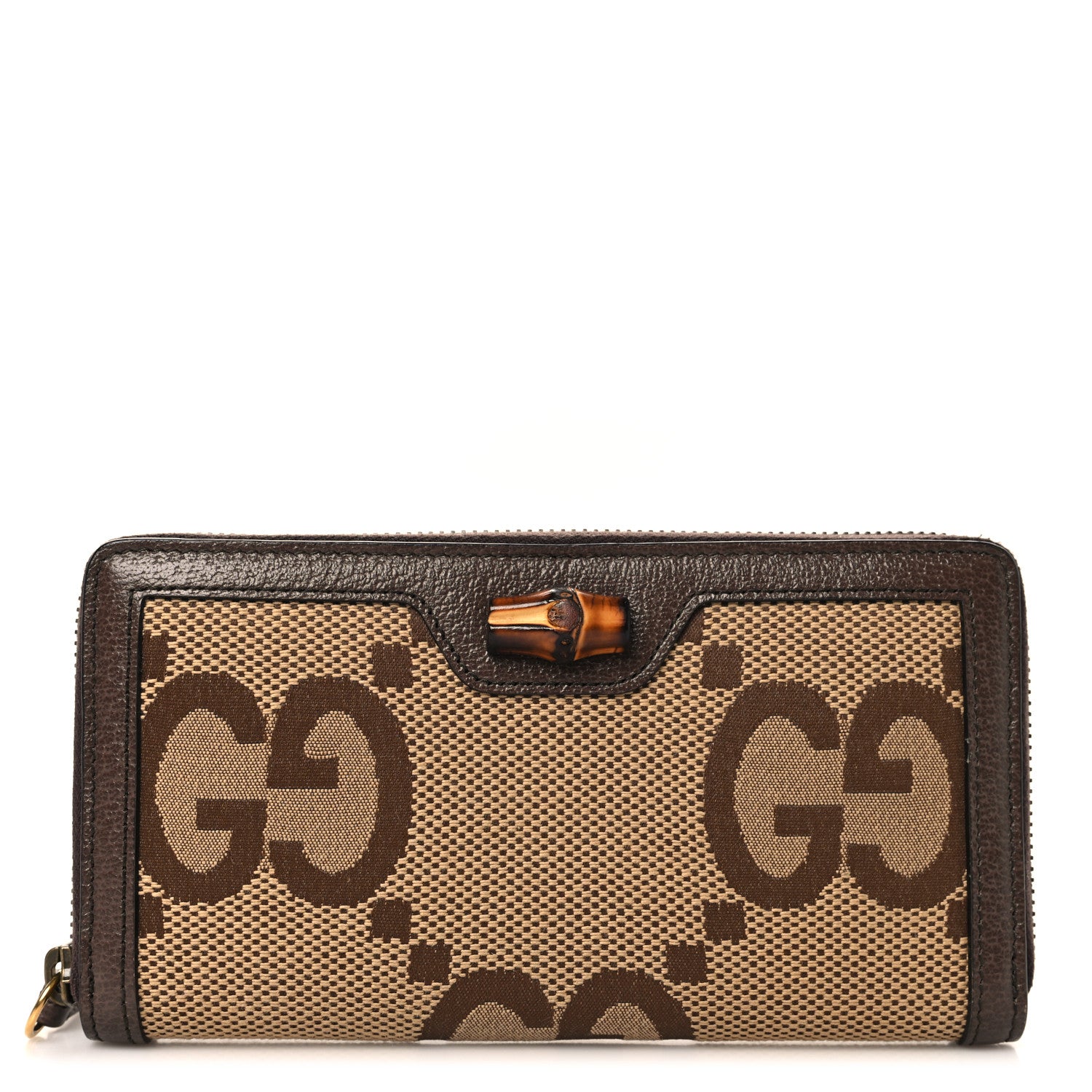 Gucci Monogram Jumbo GG Textured Dollar Calfskin Diana Zip Around Continental Wallet Camel Ebony New Acero 1 of 7