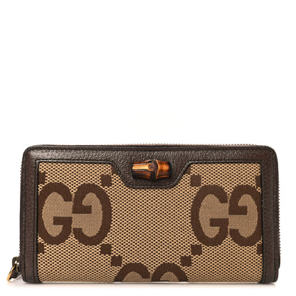 Gucci Monogram Jumbo GG Textured Dollar Calfskin Diana Zip Around Continental Wallet Camel Ebony New Acero 1 of 7