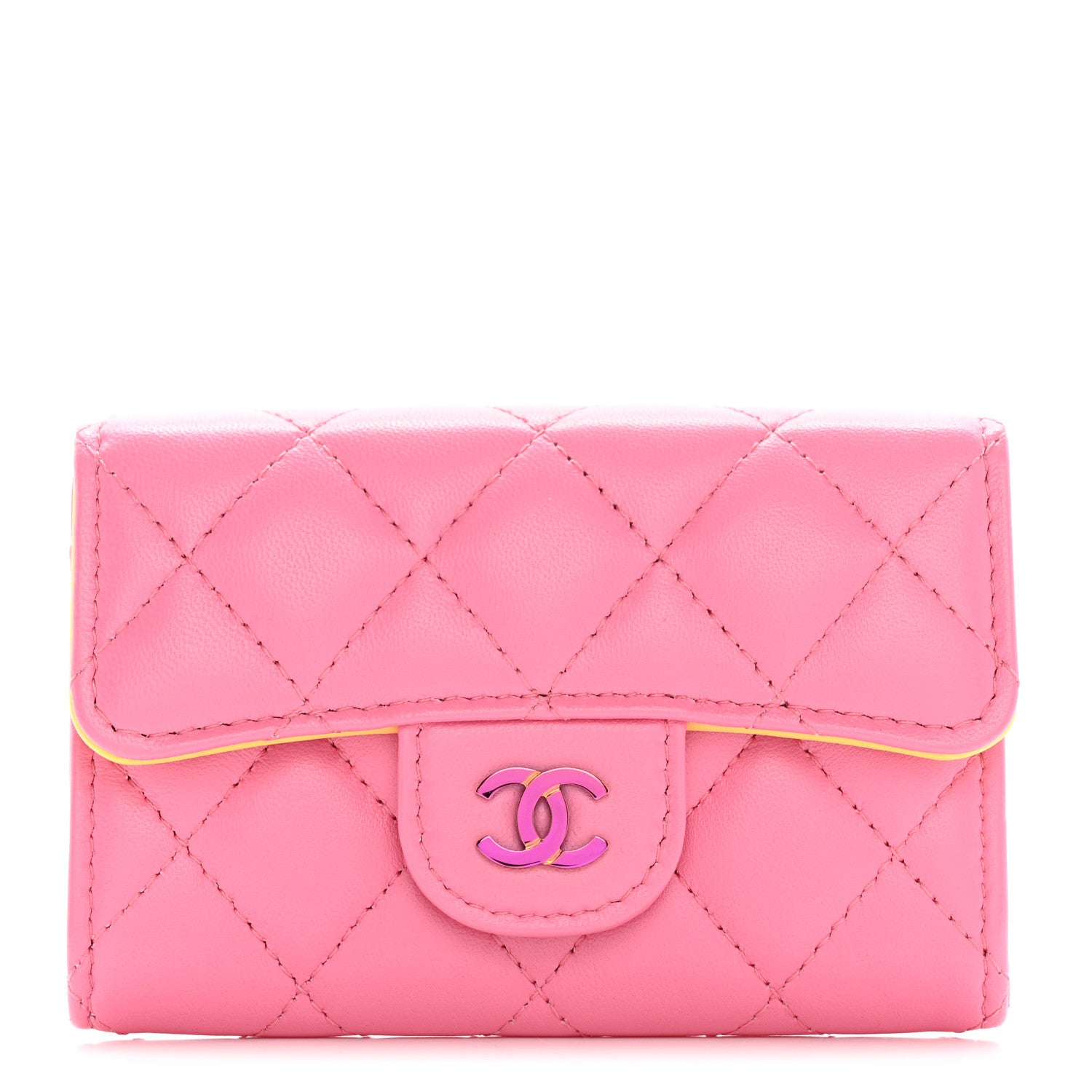 Chanel Lambskin Quilted Flap Card Holder Wallet Pink Yellow 1 of 12
