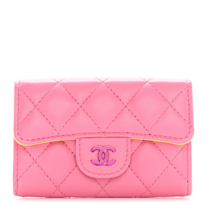 Chanel Lambskin Quilted Flap Card Holder Wallet Pink Yellow 1 of 12