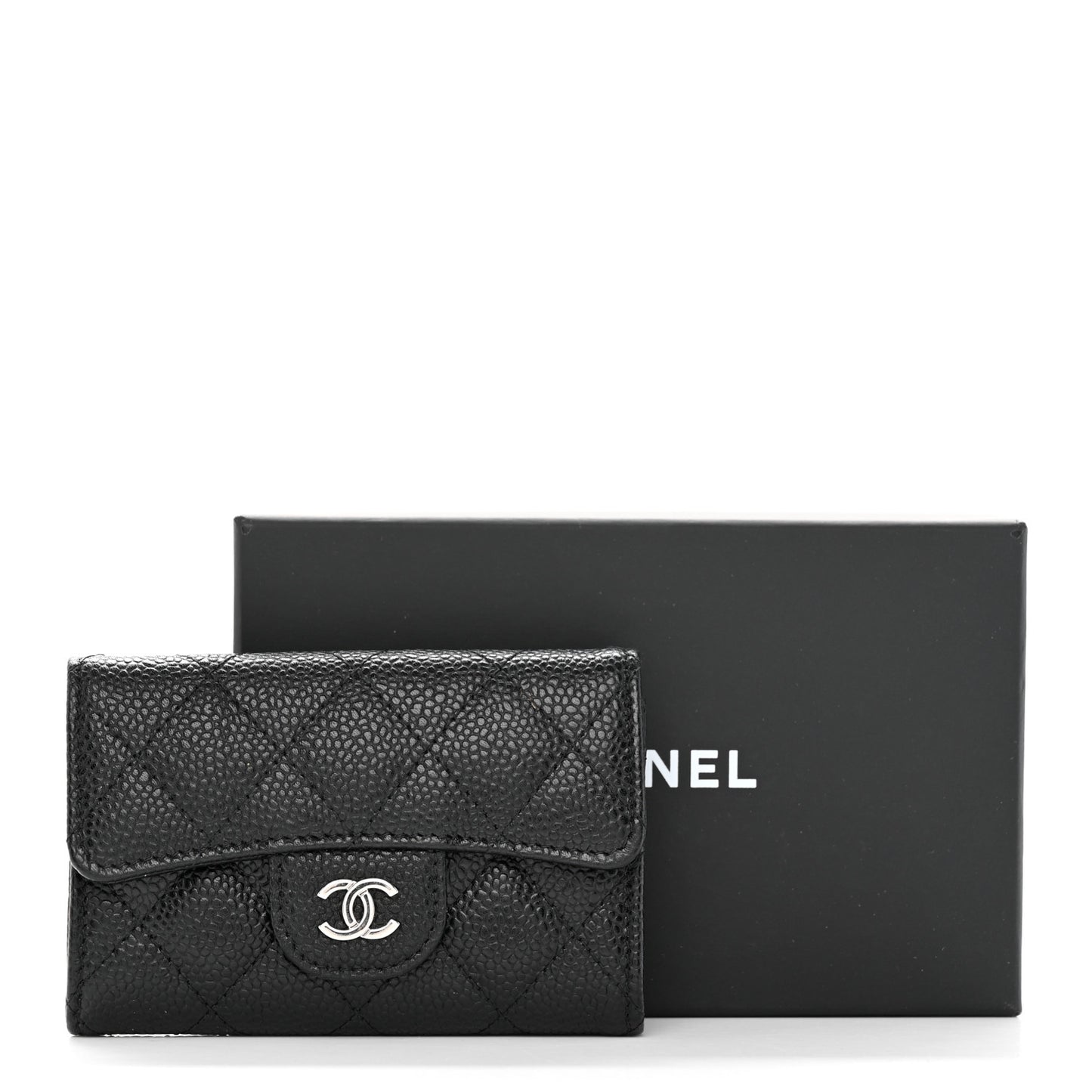 Caviar Quilted Flap Card Holder Wallet Black