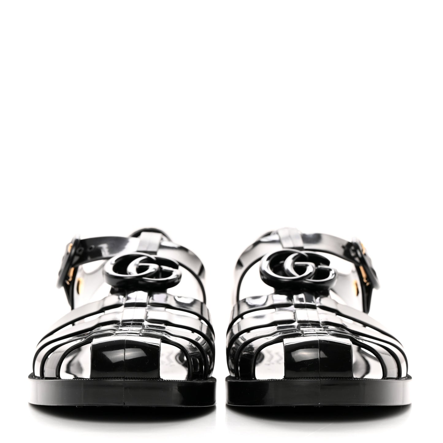 Shiny Rubber Double G Buckle Strap Sandals 36 Black