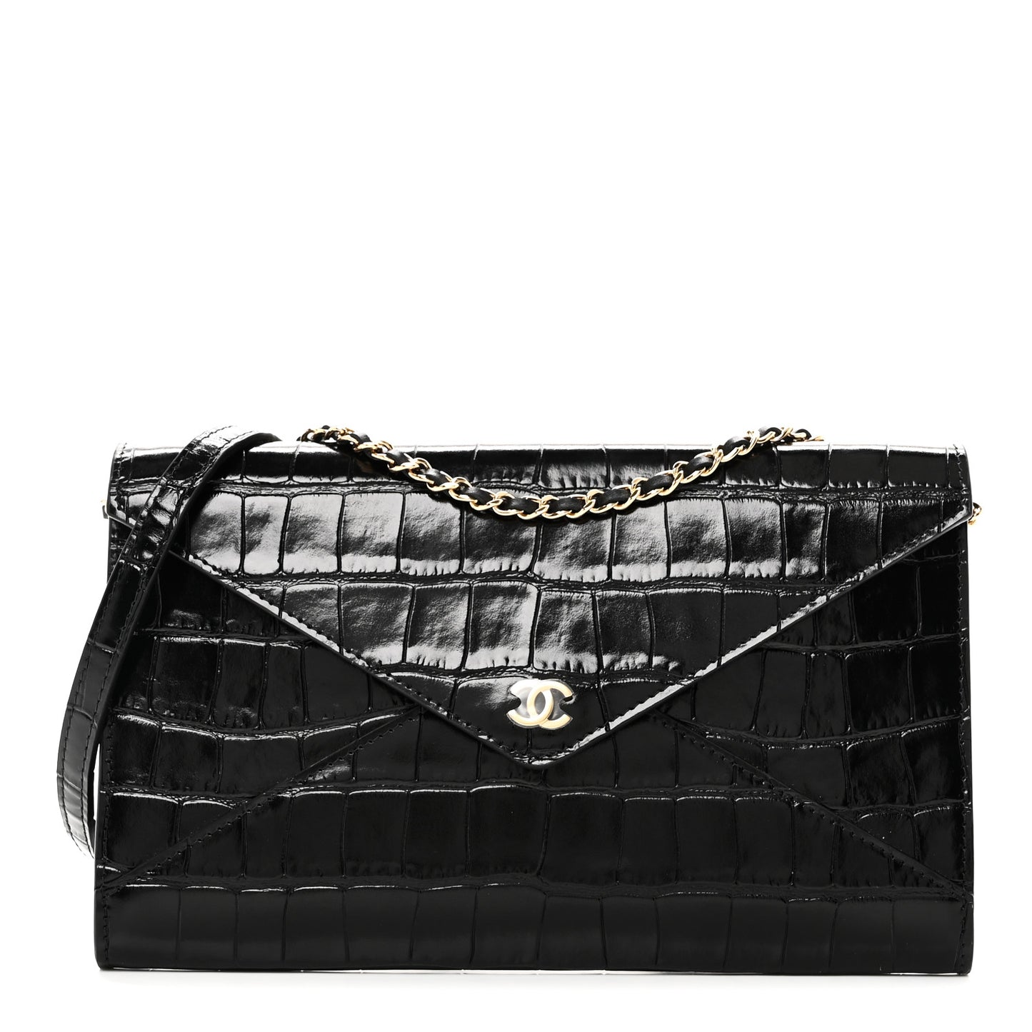 Calfskin Crocodile Embossed Envelope Clutch With Strap Black