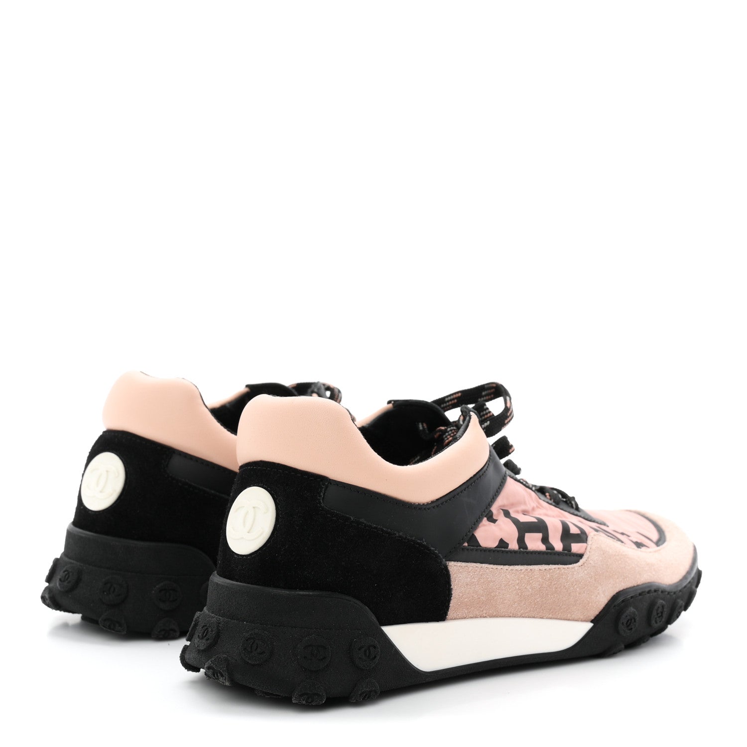 Chanel Nylon Calfskin Suede CC Womens Sneakers 37.5 Pink Black