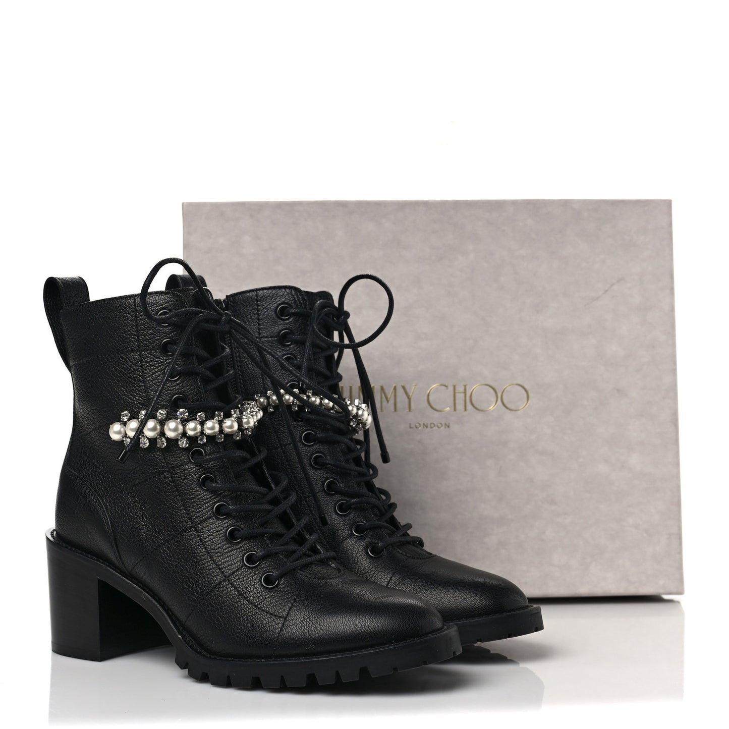 Grained Goatskin Pearl Crystal Embellished Cruz Combat Boots 36.5 Black