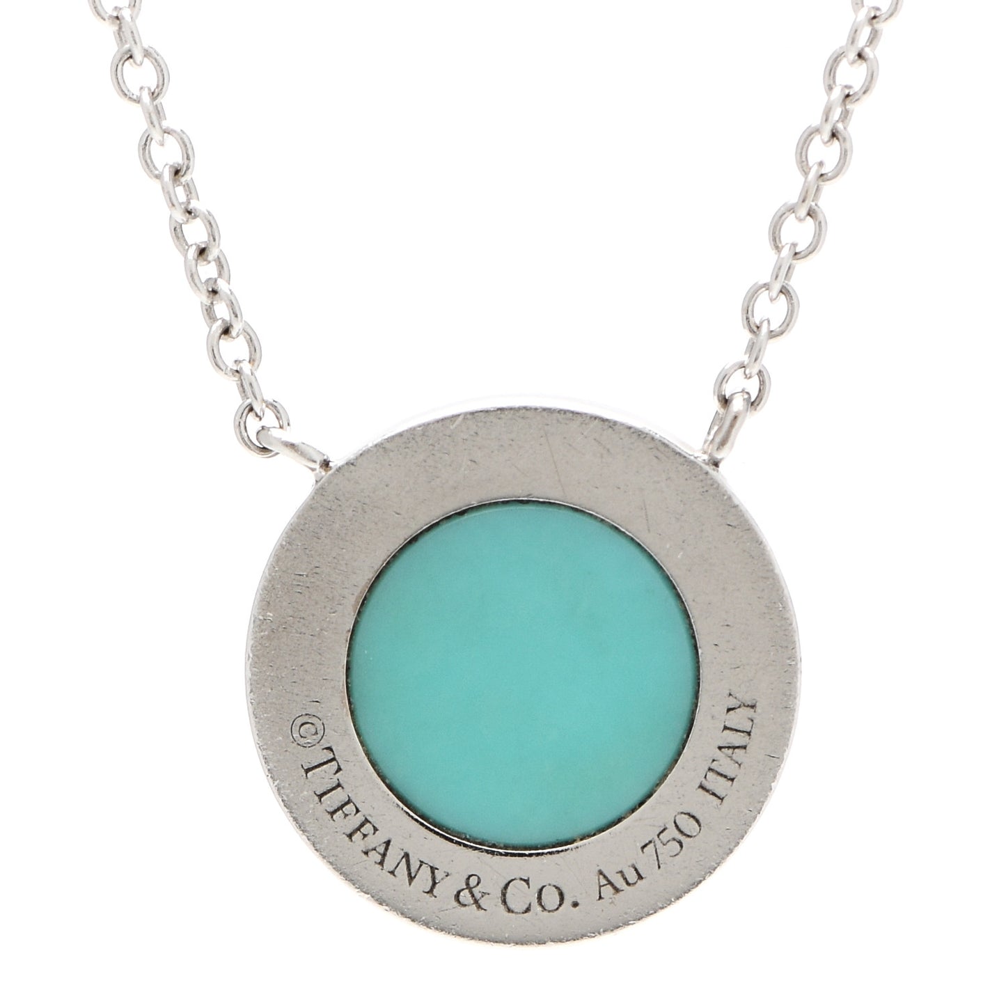 18K White Gold Diamond Turquoise Small T Circle Pendant Necklace