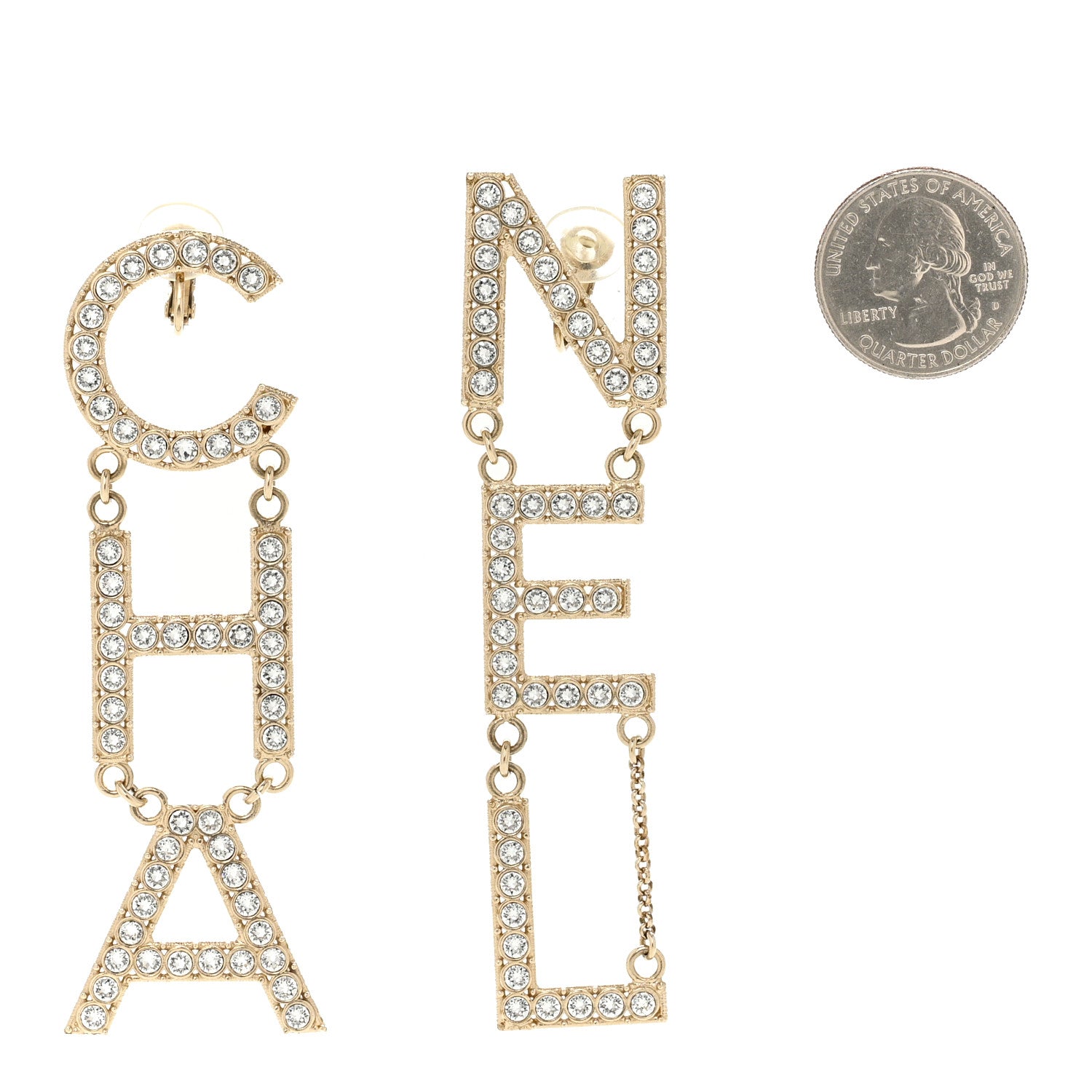 Chanel Crystal Cha-Nel Logo Drop Clip On Earrings Gold 2 of 4