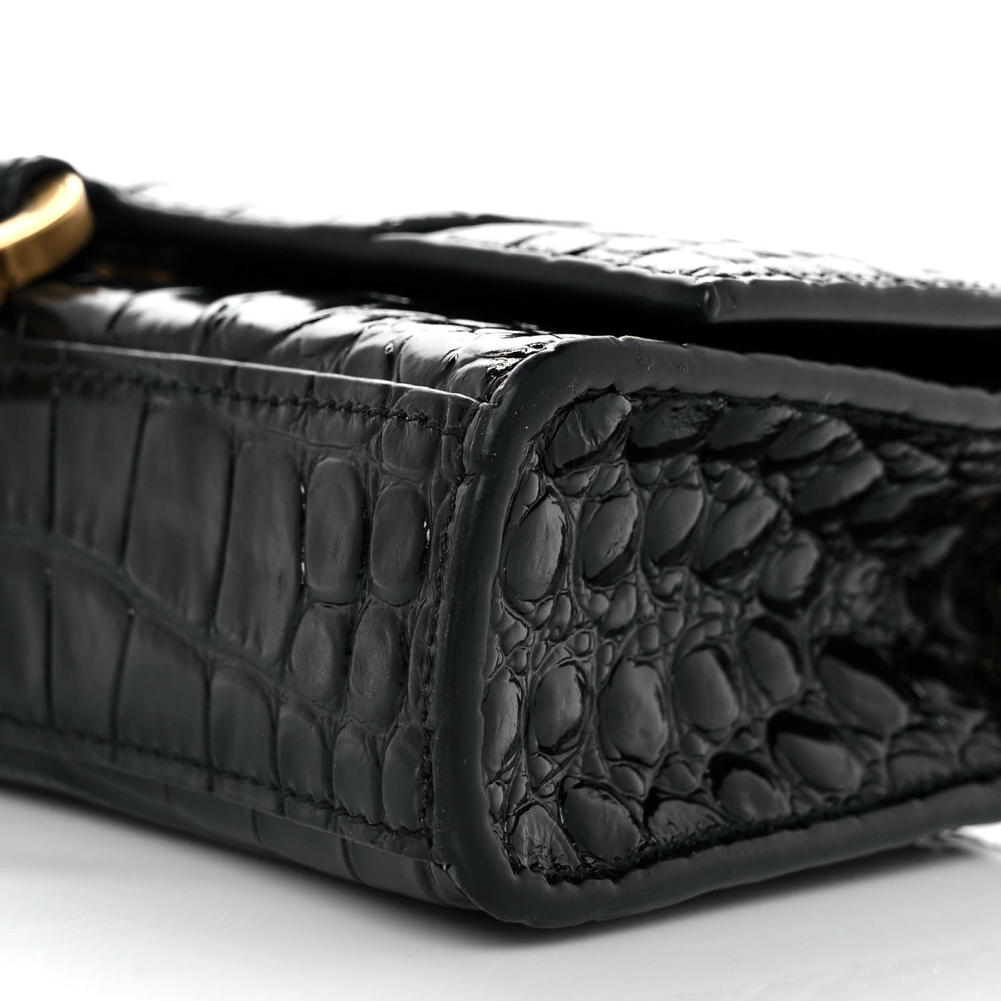 Shiny Calfskin Crocodile Embossed Hourglass Chain Bag Black